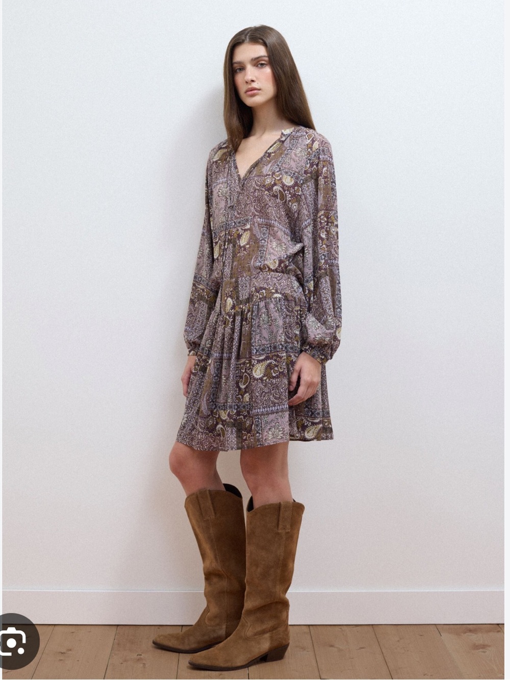 Les Copains Purple Paisley V-Neck Mini Dress